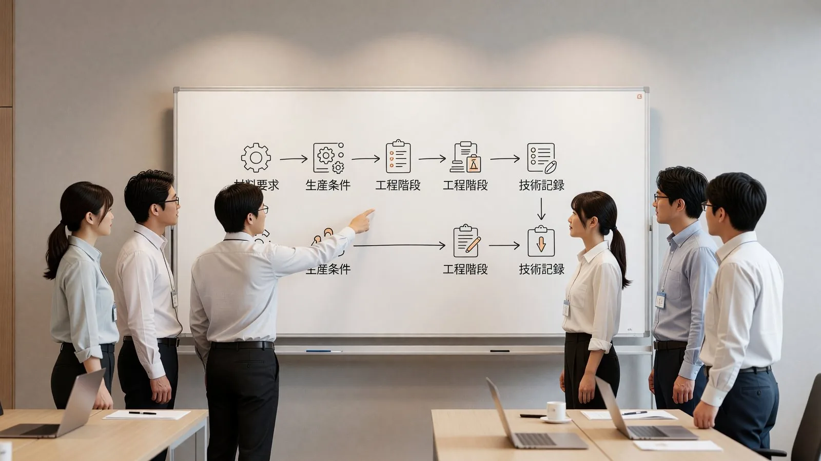 工程フロー図を確認するミーティング風景